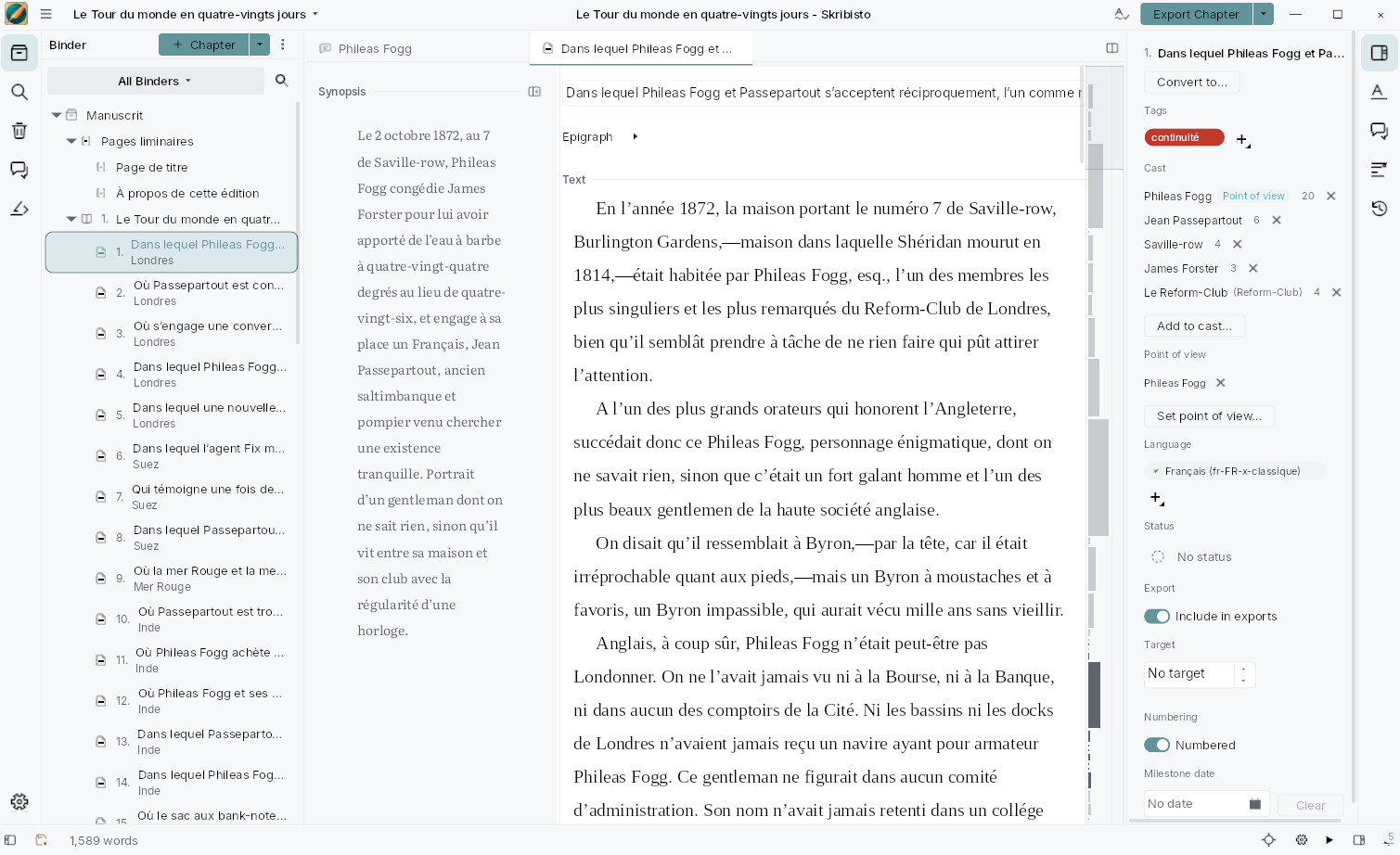 The binder tree on the left, a scene’s prose and its synopsis side by side in the editor.
