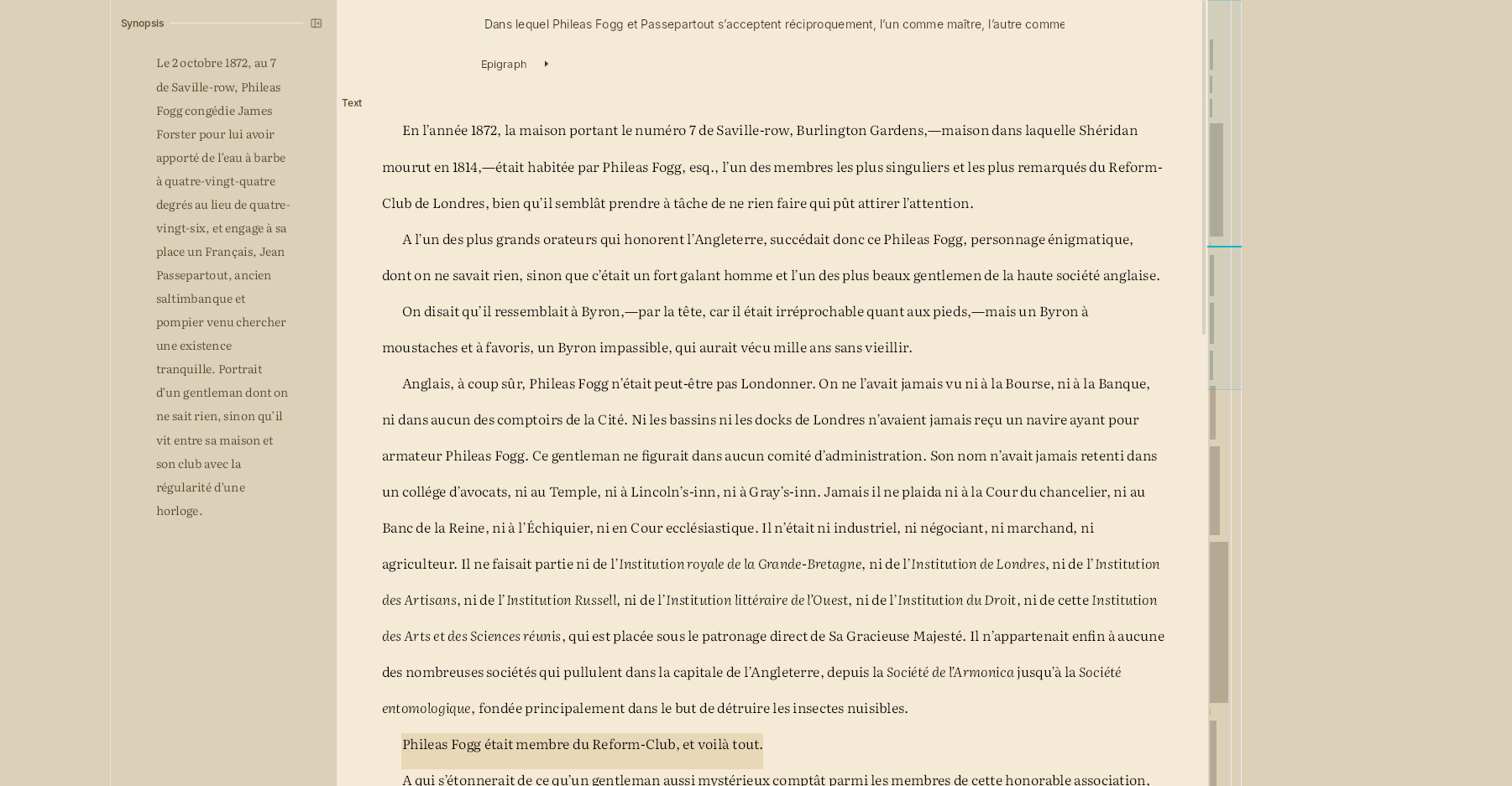 Distraction-free mode, with the scene's text and its summary in a column beside it.