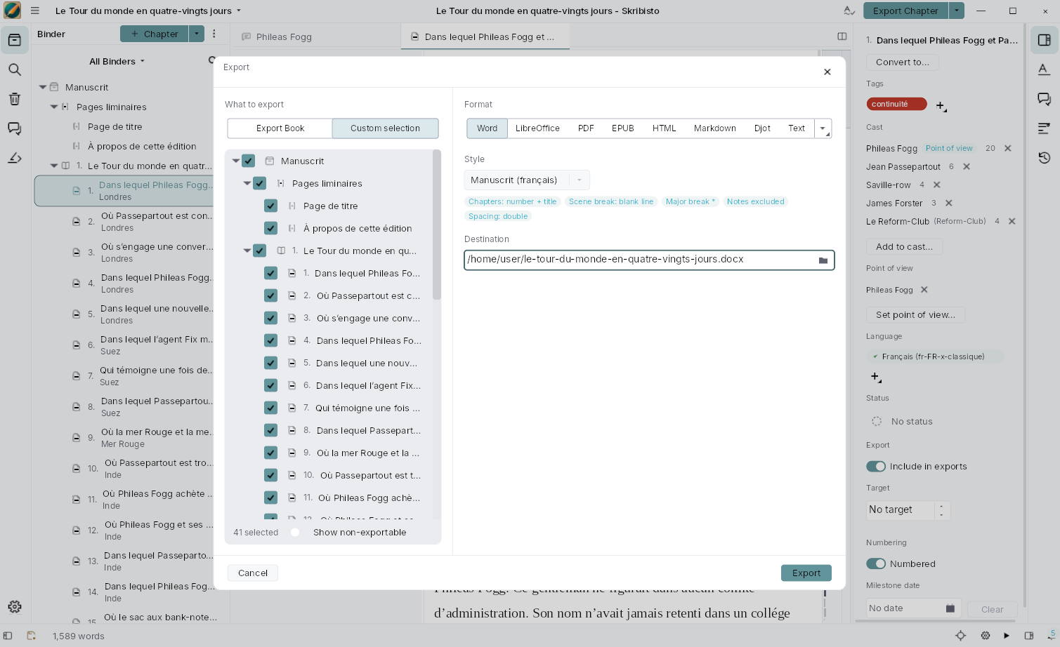 The export window, with a live preview of the compiled manuscript.